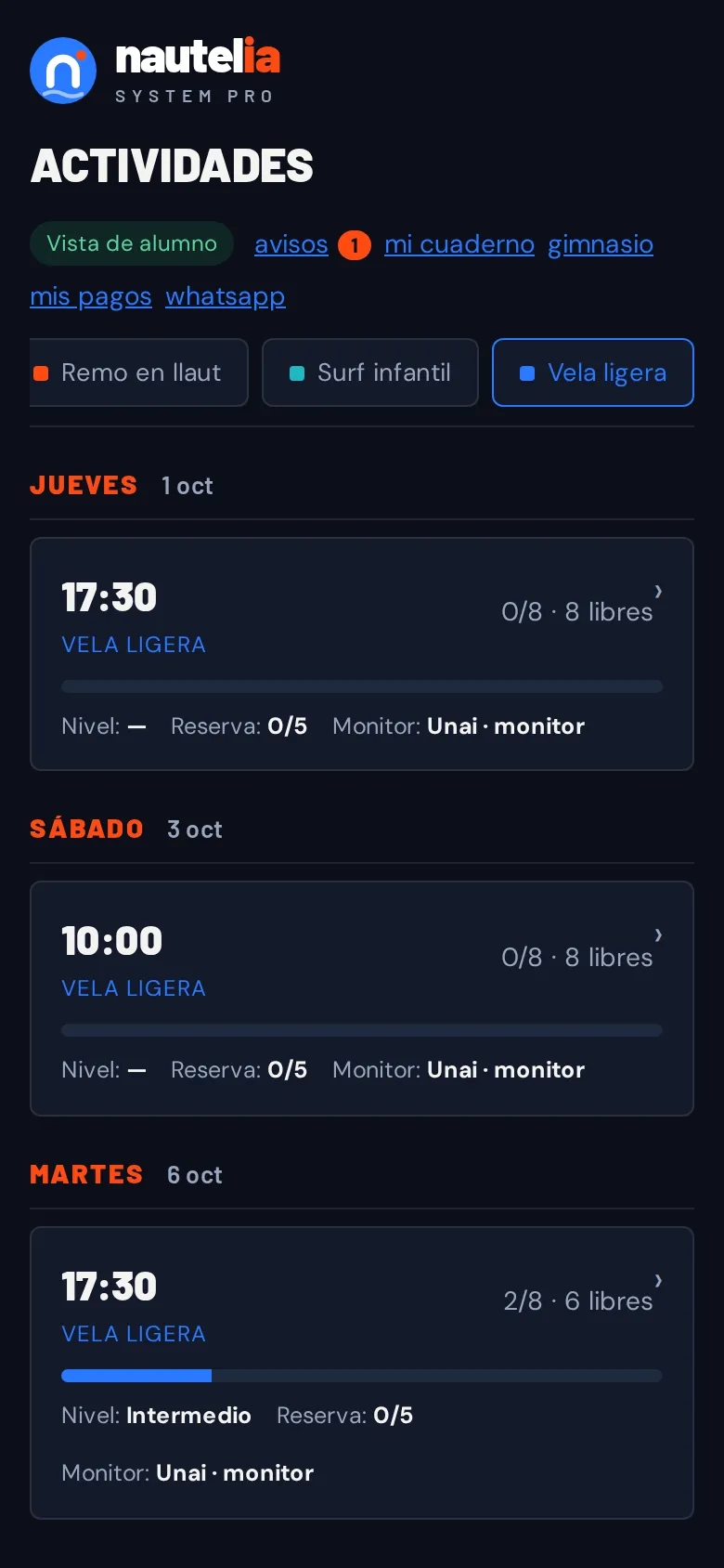 Pantalla de Nautelia: todos los deportes del club